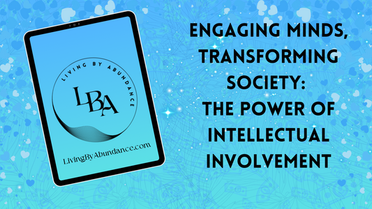 Digital graphic of a tablet displaying 'Engaging Minds, Transforming Society: The Power of Intellectual Involvement' on a blue, heart-decorated background.