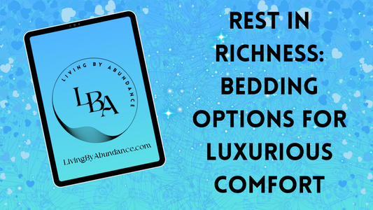 Digital graphic of a tablet displaying 'Rest in Richness: Bedding Options for Luxurious Comfort' on a blue, heart-decorated background.
