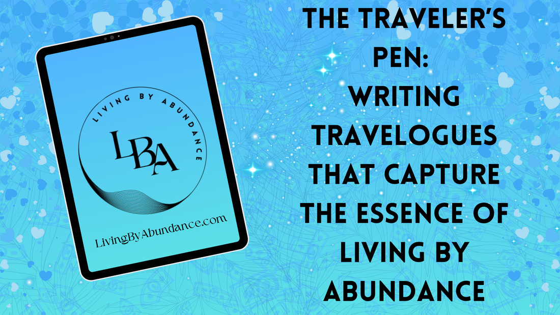 Digital graphic of a tablet displaying 'The Traveler’s Pen: Writing Travelogues that Capture the Essence of Living By Abundance' on a blue, heart-decorated background.