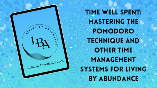 Digital graphic of a tablet displaying 'Time Well Spent: Mastering the Pomodoro Technique and Other Time Management Systems for Living By Abundance' on a blue, heart-decorated background.