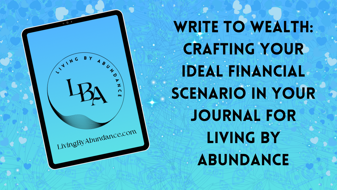 Digital graphic of a tablet displaying 'Write to Wealth: Crafting Your Ideal Financial Scenario in Your Journal for Living By Abundance' on a blue, heart-decorated background.
