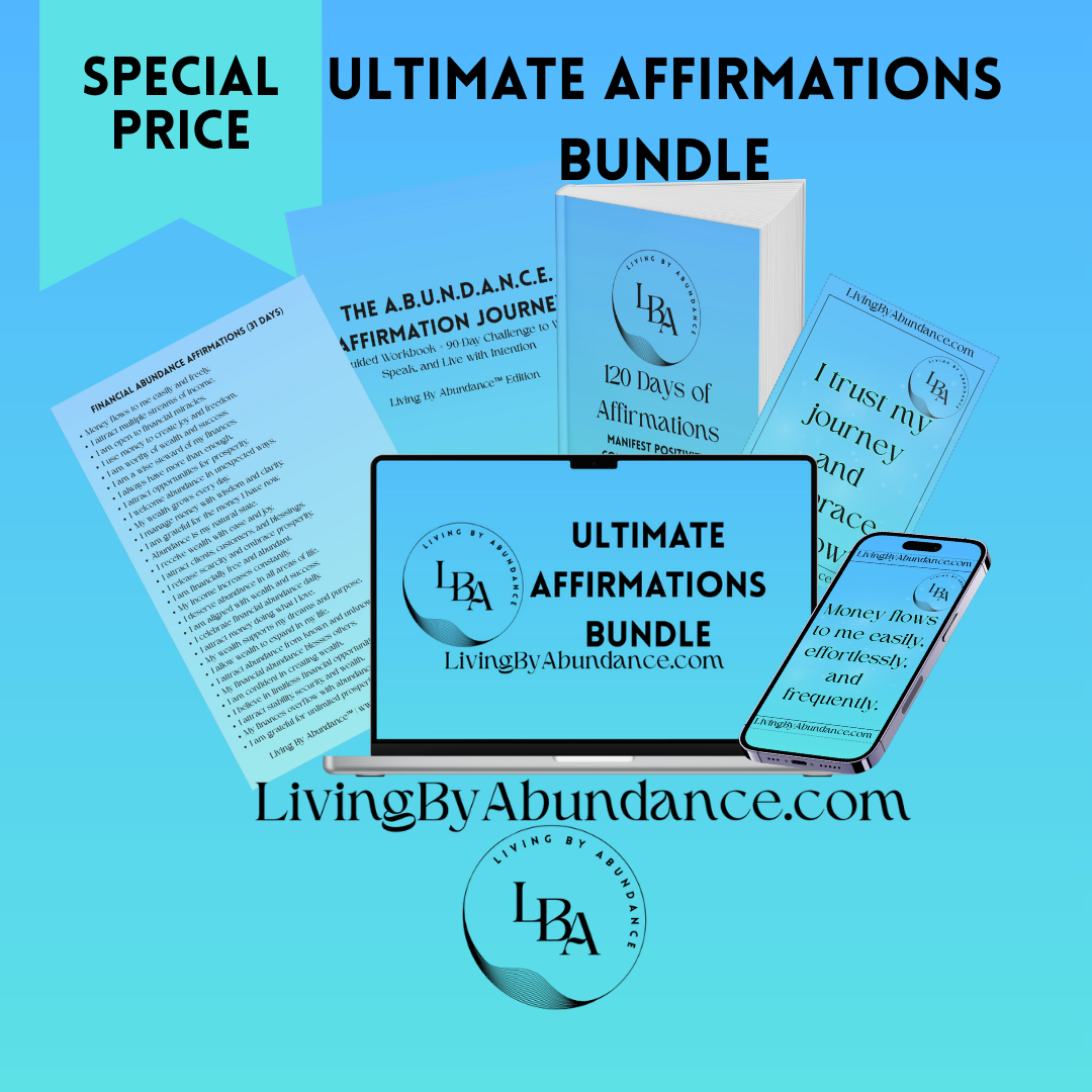 Living By Abundance Ultimate Affirmations Bundle with journal, affirmation cards, and digital abundance tools.